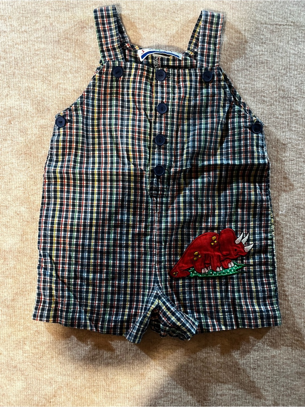 Vintage Plaid Toddler One-Piece Shortalls with Red Triceratops Patch